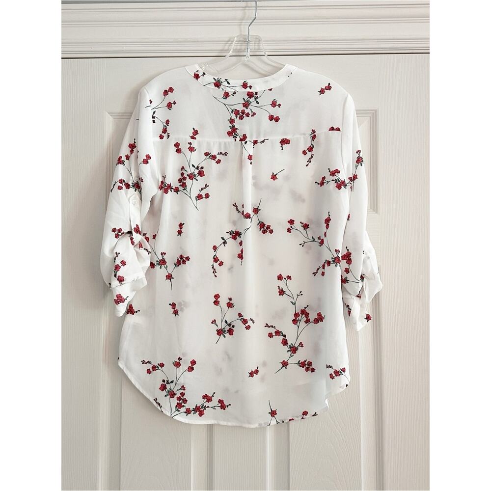 Express White Floral Zip Front Top NWT SMALL Roll Tab Sleeve Business Casual - Picture 4 of 12